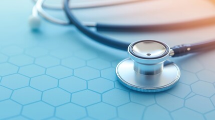 A close-up of a stethoscope on a blue hexagonal patterned surface, symbolizing healthcare and medical professionalism.