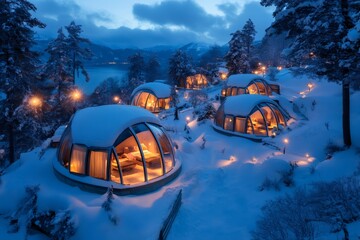 Cozy igloo hotel rooms illuminating snowy winter landscape at night