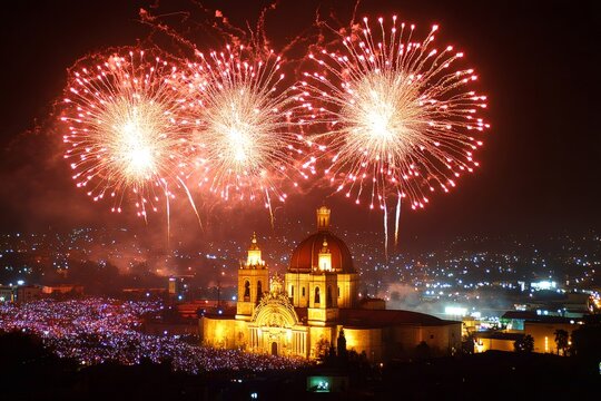 Fireworks exploding over Basilica de Zapopan during celebration