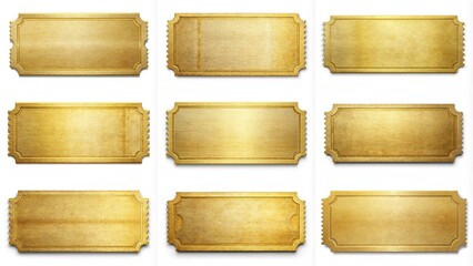 A set of golden tickets with a shiny, metallic appearance. The tickets are arranged in a row, with some overlapping each other. Scene is one of luxury and elegance