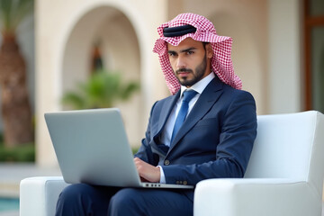 Young man in Arab headscarf dark blue suit working on laptop