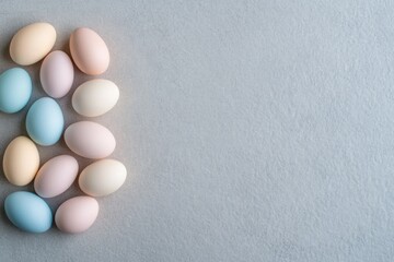 artistic composition of pastel-colored easter eggs arranged in spiral pattern on textured surface with plenty of copy