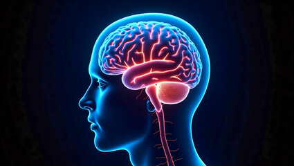 Illustrative of a Human Brain Anatomy in a transparent skull with radiant neon color glow which helps in reference and research studies for Doctors, Surgeons, and Medical students.