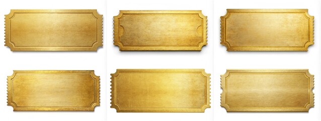 A set of gold tickets with a vintage look. The tickets are rectangular and have a gold color