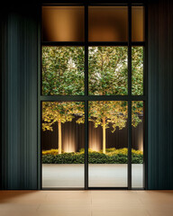 Modern interior design showcasing large windows with lush trees in a tranquil setting