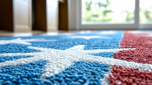 Patriotically-designed rug in a sunlit room near a window; background slightly blurred, suggesting a home interior. Ideal for home decor websites, blogs or magazines