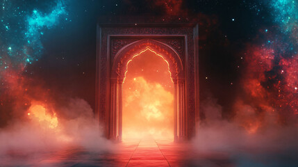 An ornate archway reveals a fiery portal within the cosmos