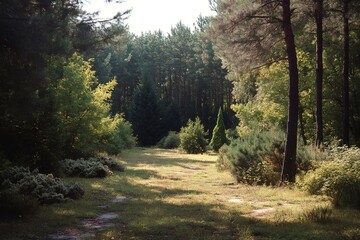 Fototapeta premium Grassy clearing illuminated by sunlight in a pine forest