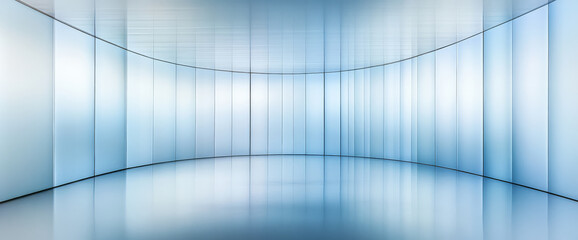 Modern blue interior space with sleek reflective walls and a curved design