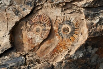 Ammonite fossils embedded in cracked sedimentary rock surface