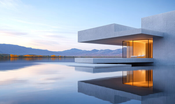 Modern architectural design of a lakeside villa reflecting on calm water at dawn