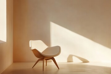 Fototapeta premium Minimalist modern armchair, sleek wooden design, soft pastel walls, artistic composition, bright airy space