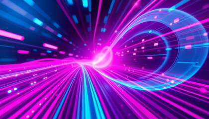 Obraz premium Abstract Futuristic Neon Wave Background with Pink & Blue Glowing Lines | High-Speed Data Transfer & Bokeh Lights