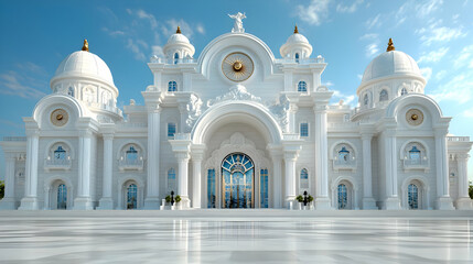 Majestic white palace, sunny day, grand entrance, clear sky, architectural design