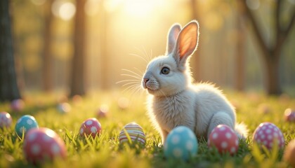 Fototapeta premium White Rabbit Sitting Amidst Colorful Easter Eggs at Golden Sunset