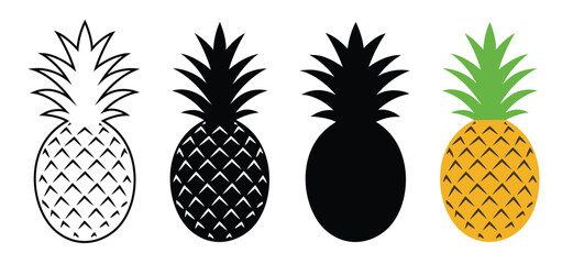 Pineapple fruit vector collection. Black and white line art fill  and colorful juicy pineapples and tropical fruits collection. Perfect for websites, apps, t-shirt design and print project.