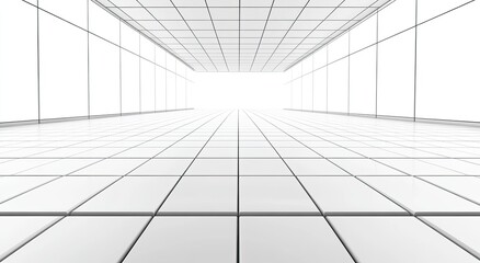 White tiled corridor perspective, architectural design, empty space, bright light