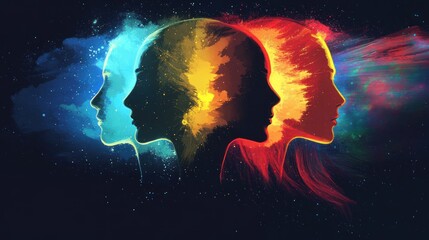 Abstract colorful profiles of two heads, cosmic background, representing duality and human consciousness
