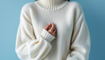 Woman wears a soft, white turtleneck sweater while posing against a light blue backdrop This is suitable for fashion or lifestyle content