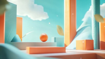 Abstract colorful scene with orange ball, geometric shapes, and airy background