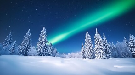 Naklejka premium Aurora borealis over snow covered pine forest at night.