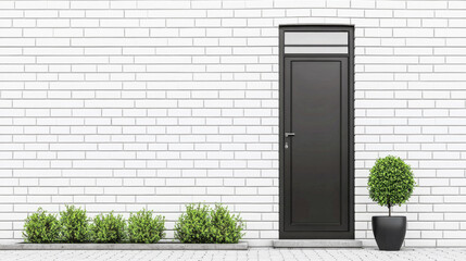 Black door with glass panel against white brick wall with potted shrubbery
