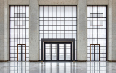 Modern entrance hall features large windows and elegant design in a spacious building