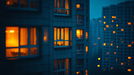 Exterior view of a modern city building or corporate office with five floors, illuminated by yellow night lights, showcasing sleek architecture and business hotel apartment design.

