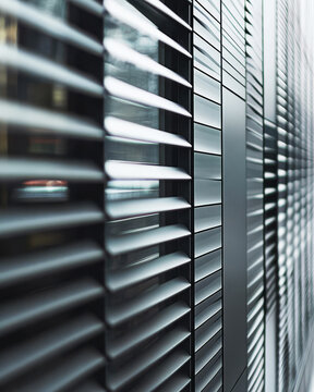 Modern building facade with metallic louver panels designed for urban environments