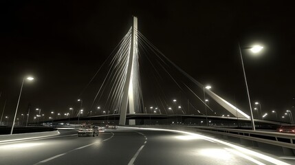 Fototapeta premium Nighttime Highway Scene Modern Cable Stay Bridge