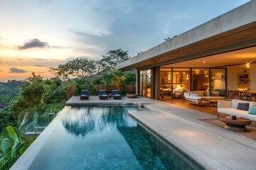Fototapeta premium Luxurious infinity pool overlooking tropical jungle at sunset