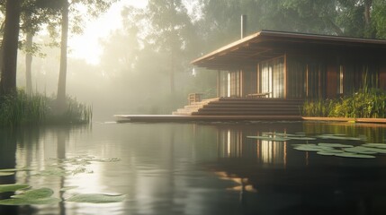 Obraz premium Modern Wooden House on Misty Lake in Forest