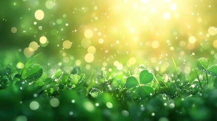 Obraz premium Fresh vibrant green clover leaves in morning dew, sunny bokeh background.