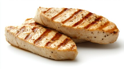 Grilled chicken breast slices neatly arranged, no background --chaos 20 --ar 16:9 --quality 2 --v 6.1 Job ID: 46ef81d8-80f9-4bf0-a014-ec1d2de0ce59