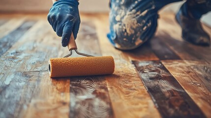 Close-up of a painter’s hands gripping a roller brush, evenly coating a wooden surface with fresh paint. Ideal for DIY projects, home improvement ads, construction guides, tutorials, and renovation