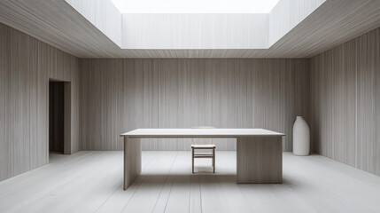 Fototapeta premium Minimalist interior with a wooden table and chair under a skylight in a modern room