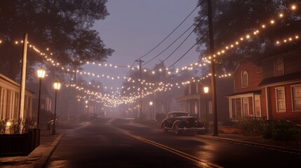 Fototapeta premium Foggy Night Street Scene with Classic Car and Lights