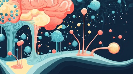 Abstract colorful surreal forest of fantastical plants and bubbles in a dark background