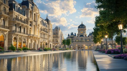 Fototapeta premium Elegant European style city street reflecting in water