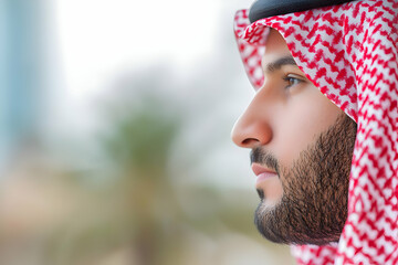Pensive young Arab man in traditional headwear, gazing thoughtfully at cityscape background. Ideal for articles on Middle Eastern culture, business, or leadership