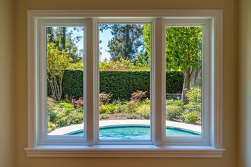 Interior view of a three-panel window showcasing a garden and pool