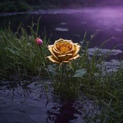A floating golden rose in glowing grass, hovering above a magical, purple lake.