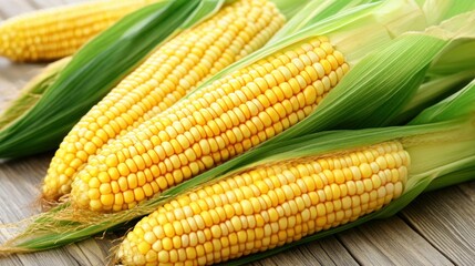 Fresh yellow corn cobs with green leaves on a wooden surface.