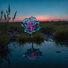A levitating crystal rose, with bioluminescent grass and a neon water reflection.
