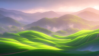 Obraz premium Sunrise over rolling hills, village nestled in valley