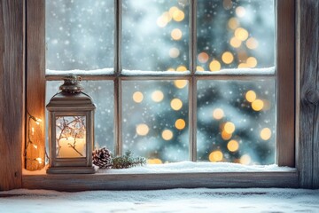 Snowy windowsill view of Christmas lights