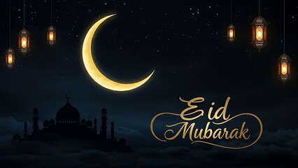 Naklejka premium eid mubarak greeting card with moon and lanterns, eid mubarak background,eid mubarak banner design, Islamic Design, celebration of Muslims 
