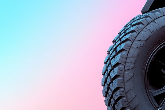 bold close-up of truck rugged tire treads displayed with details against smooth gradient background and generous copy