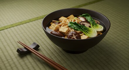 Delicious Tofu Noodle Soup Bowl with Bok Choy and Mushrooms