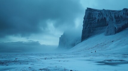 Frozen arctic landscape with solitary figure.